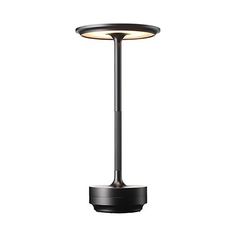 a black table lamp with a white light on the top and bottom part of it