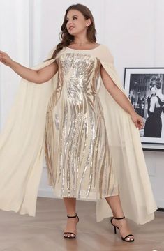 Elegant Sequin Plus Size Slim Dress Cape Sleeve Dress Party Dress, Brides Made  | eBay Dress Cape Sleeve, Brides Made, Cape Sleeve Dress, Dress Cape, Apricot Color, Embellished Maxi Dress, Slim Dress, Cape Sleeves, Cape Dress