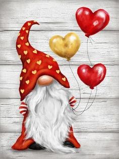 a painting of a gnome with heart shaped balloons