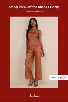 No one can come between you and an effortlessly cool look like the Lulus Trendiest Cutie Brown Vegan Leather Straight Leg Jumpsuit! Super sleek vegan leather shapes this stylish jumpsuit with wide adjustable straps, a straight neckline, and a seamed bodice with a decorative, covered button placket at the center. Belt loops accent the high, banded waist that sits atop straight, seamed pant legs with ankle-length hems. Smocked panel and hidden zipper/clasp at the back. Fit: This garment fits true to size. Length: Ankle length. Size medium measures 50.5" from adjustable straps to hem. Inseam: 29.00 Front Rise: 14.00 Bust: Great for any cup size. Waist: Fitted - very fitted at natural waist. Hip: Loosely Fitted. Undergarments: May be worn with a strapless bra, adhesive bra, petals, or no bra. Stylish Jumpsuit, Adhesive Bra, Cool Look, Straight Neckline, Strapless Bra, Cup Size, Covered Buttons, Button Placket, Ankle Length