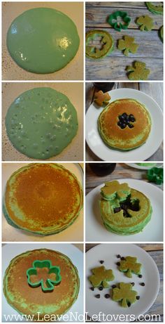 several pictures of pancakes with green icing and shamrock decorations