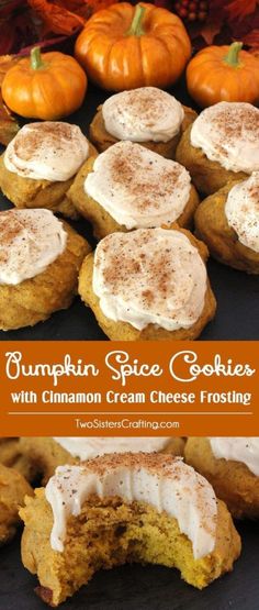 pumpkin spice cookies with cinnamon cream cheese frosting on a black surface surrounded by mini pumpkins