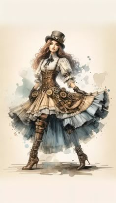 a watercolor painting of a woman dressed in steampunky clothing and boots