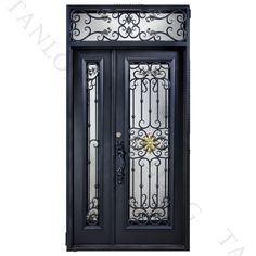 an ornate iron door with glass panels on the front and side doors, which are painted black