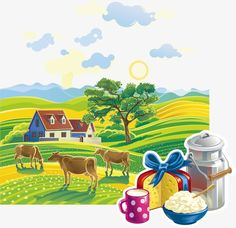 a farm scene with cows, milk and mugs on the grass in front of it