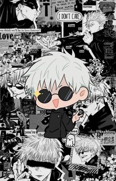 an anime character with white hair and black glasses, standing in front of a collage of