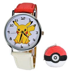 a watch with a pokeball on it next to a wristwatch that is red and white