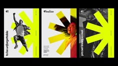 two posters with yellow and black designs on the same page, one has an image of a woman jumping in the air