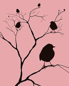 two birds sitting on the branches of a tree against a pink sky with no leaves