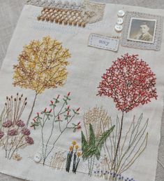 a close up of a piece of cloth with flowers and plants embroidered on it,