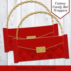 two red purses with gold hardware on them and the text custom candy bar wrappers