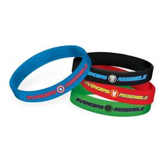 three wristbands with different colors and logos are shown on a white background in this image