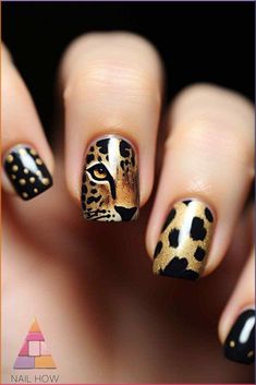 Intricate leopard nail design with a golden leopard face and black spots on a golden base. Perfect for a luxurious and fierce look. Discover more stunning leopard nails at nailhow.com. Nail Designs Cheetah, Red Cheetah Nails, Gold Leopard Nails, Wild Nail Designs, Beachy Nail Designs, Zebra Nail Designs, Leopard Print Nail Art, Leopard Print Nail, Leopard Nail Designs