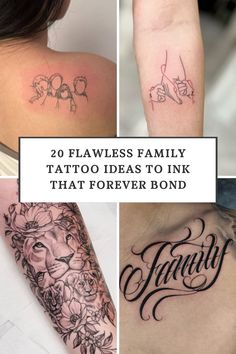 some tattoos that say family and have flowers on them