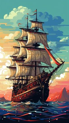 a painting of a sailing ship in the ocean