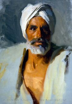 an oil painting of a man with a turban on his head and beard