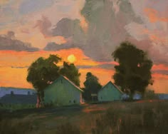 an oil painting of some houses and trees at sunset with the sun in the distance