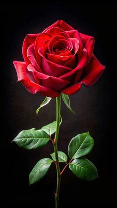 a single red rose with green leaves on a black background