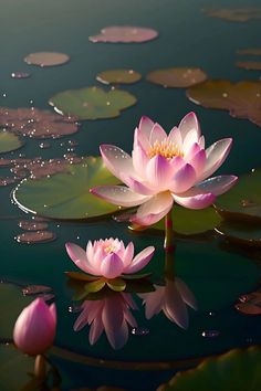 two pink water lilies floating on top of a lake