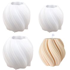 three white vases with wavy designs on them, one in the shape of a ball