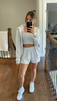 matching set, summer oufit, school outfit, sweats, sweat set, school outfit, garage Sweatsuit Shorts Outfit, Matching Sweat Shorts Outfit, Tracksuit Shorts Outfit, Cute Matching Sweat Sets, Grey Sweat Set, Summer Sweatpants Outfit, Summer Fits Sweat Shorts, Lounge Shorts Outfit, Matching Sweat Shorts Set