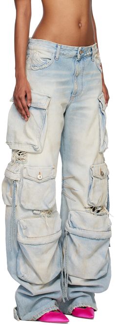 Non-stretch denim cargo-style jeans. Distressing and fading throughout. · Belt loops · Five-pocket styling · Zip-fly · Cargo pocket at front and outseams · Adjustable press-stud tab at cuffs · Darts at inseams · Logo embroidered at back · Logo-engraved antiqued silver-tone hardware Supplier color: Light blue denim Outfit Pieces, Blue Fern, Denim Cargo, The Attico, Gowns Wedding, Scene Design, Cargo Style, Style Jeans, Cargo Pocket