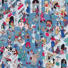 an illustrated image of many people in a room filled with toys and other things on the floor