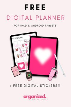 the free digital planner for ipad and android tablets is shown with pink hearts on it