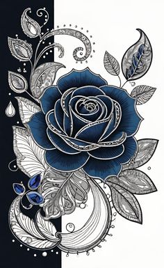 a drawing of a blue rose on a black and white background