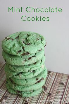 mint chocolate cookies stacked on top of each other