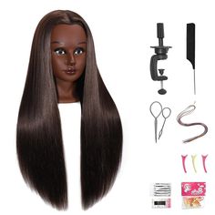 PRICES MAY VARY. Total Length：26-28 Inches (from the forehead to the back hair end), 20 Inch (Individual Hair Strand). Color: # Brown Hair quality：Mannequin Head Human Hair；Head Features：female head；Head Circumference：52cm Suitable For：Cosmetology Mannequin Head works with barbers, hairstylists, hairdressers and hair designers. Ideal gift for girls to practice braiding. Instructions: When curling or straightening the hair, temperature between 120°-150°, time less than 15s. (Need to cool a few se Mannequin Head With Hair, Hair Mannequin Hairstyles, Hair Styles On Mannequin Head, Hair Mannequin, Female Head, Mannequin Head, Mannequin Heads, Head Hair, Hair Strand