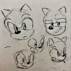 some drawings of sonic the hedgehog and other cartoon character heads with different expressions on them