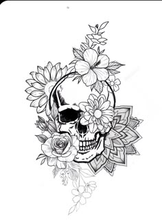 a black and white drawing of a skull with flowers