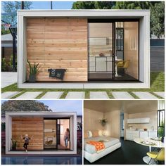 three pictures show the inside and outside of a house with sliding glass doors on each side