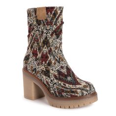 Experience superior style and comfort in MUK LUKS? Women's Riser Pop Heeled Boots. This classic heeled boot will have you feeling and looking good in any outfit with comfy memory foam insoles and fun vintage patterns. Wipe with damp cloth. Do not bleach. Lay flat to dry. Imported. - Durable 100% TPR Sole - 60% Polyester, 40% Polyurethane Upper - 100% Polyester Luxe Faux Fur Lining - 100% Polyester Luxe Faux Fur Insole - Multiple Pattern Options - 3.35" Block Heel - Memory Foam Insole - Multiple Boots Dress, Closed Toe Shoes, Dress And Heels, Look Cool, Brown Boots, Dress With Boots, Vintage Patterns, Cute Shoes, Heeled Boots