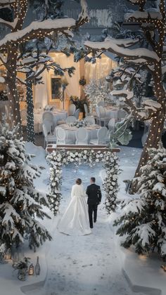 Say "I do" in a fairy tale winter wonderland setting. This magical venue, complete with snow-dusted trees and romantic lighting, brings the ultimate cozy elegance to your special day. #winterwedding #cozyromance #snowywedding