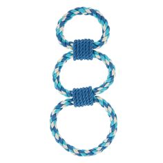 two blue and white braided ropes with one knot on each end, against a white background