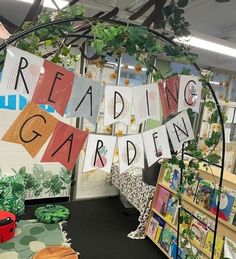 the reading garden has been decorated with books and plants for children's birthdays