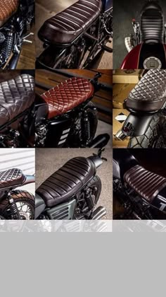 several pictures of different types of motorcycles with leather seats on the front and rear ends