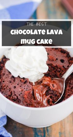 chocolate lava cake in a white bowl with whipped cream on top and the words, the fastest chocolate lava mug cake