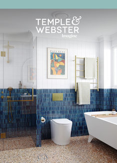 a bathroom with blue and white tiles on the walls, toilet and bathtub in it