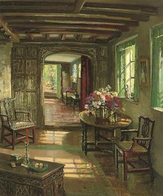 a painting of a living room with furniture and flowers in vases on the table