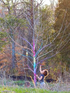 a woman is painting a tree in the woods with colored paint on it and another person standing next to her