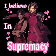 two women in red dresses with arms crossed and the words i believe in supremaccy