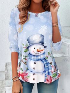 Shop Affordable Women T-shirts Spring/Fall T-shirt Long Sleeve Casual T-shirt Christmas Snowman T-shirt Loose Holiday Crew Neck On Justfashinnow.com Women Christmas, Spring Shirts, Long Sleeve Tees Women, Women T Shirts, Casual T Shirt, Casual Top, Christmas Women, Christmas Snowman, Long Sleeve Casual