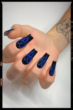 Blue Stiletto Nails, Flame Nail Art, Black Acrylic Nails, Blue Acrylic Nails, Swarovski Nails, Black Nail