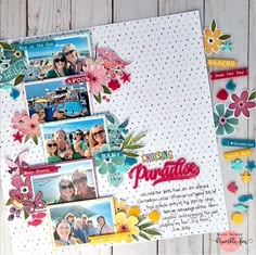 a scrapbook with photos and flowers on it