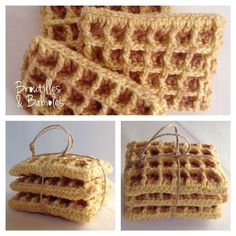 crocheted purses are shown in three different pictures, one is brown and the other is yellow