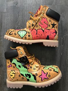 Custom timberland premium boots custom made by hand  1 of 1 custom  designs may vary Yellow High-top Boots For Streetwear, Hand Painted Boots, Custom Timberland Boots, Tims Boots, Painted Boots, Boots Leopard, Timberland Boots Outfit, Custom Painted Shoes, Leopard Print Boots