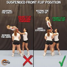 two identical images show the same woman doing different things in front of a sign that says, suspended front flip position